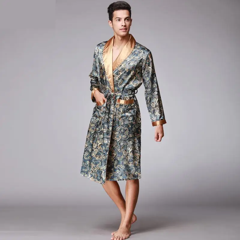 Faux seda quimono Robes dos homens, camisola V-Neck, masculino cetim Pijamas, Paisley Pattern Pijama, verão