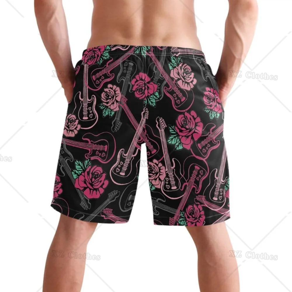 Flower Rose and Guitar Print Fashion Men's Beach Shorts Swim Trunks Quick Dry Casual Polyester Swim Shorts with Side Pockets