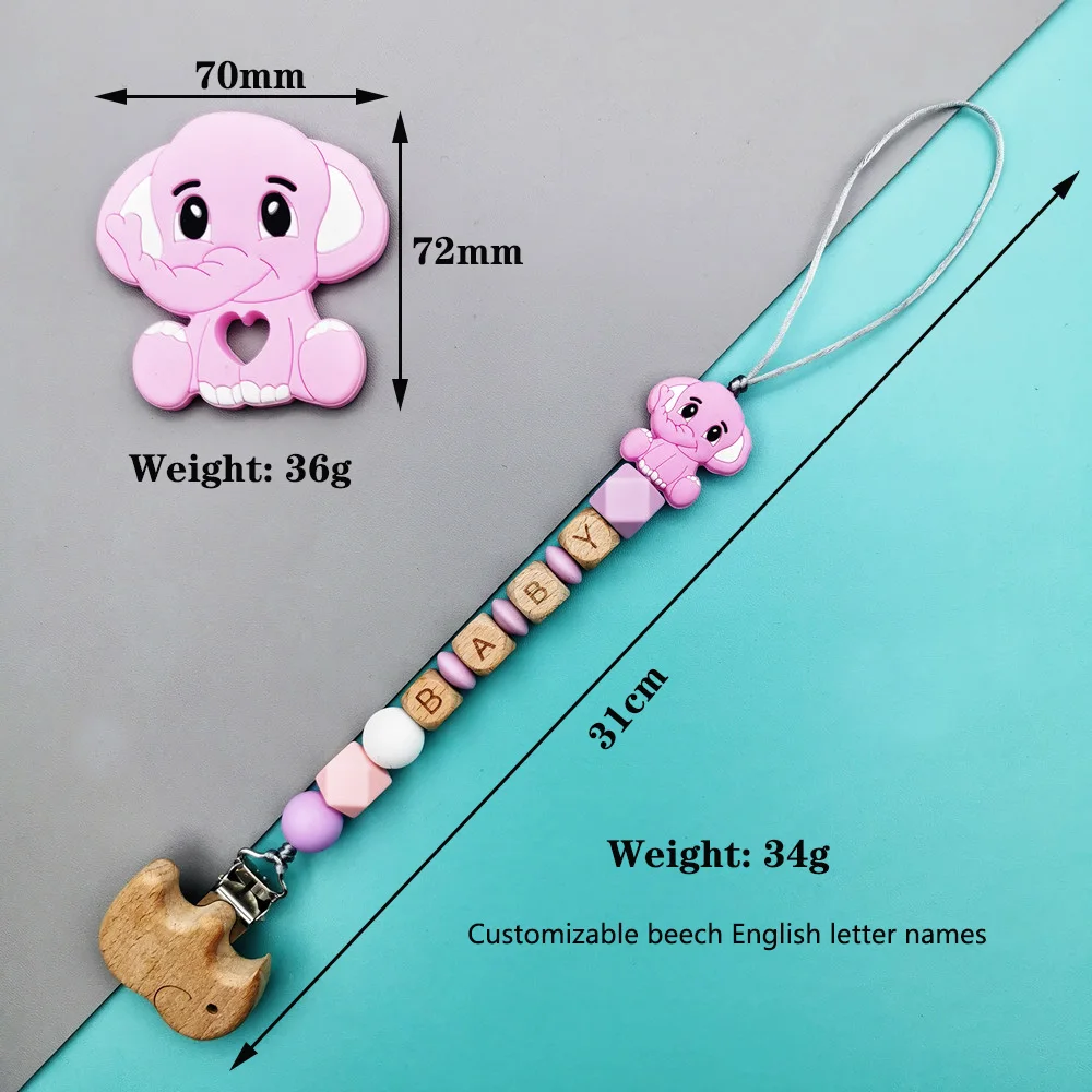 Custom English Beech Letter Names Elephant Baby Silicone Pacifier Chains Clips Teether Pendants for Infant Teether Toys Gifts