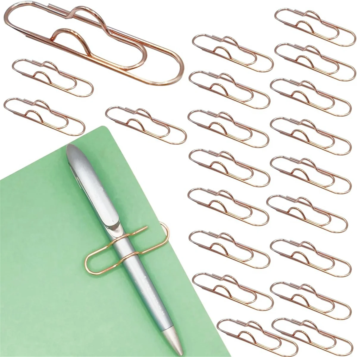 Multifunctional Metal Paper Clips and Pen Holder, Portable Office and College School Supplies Rose Gold (Pack of 20)