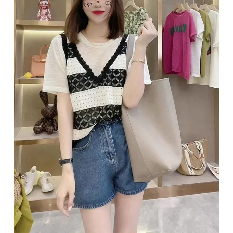 2024 Summer New Casual Fake Two Pieces Crew Neck Striped Elegant Loose Spliced Short Sleeve Hollow Out Women\'s Knitted Tops