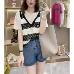 2024 Summer New Casual Fake Two Pieces Crew Neck Striped Elegant Loose Spliced Short Sleeve Hollow Out Women's Knitted Tops