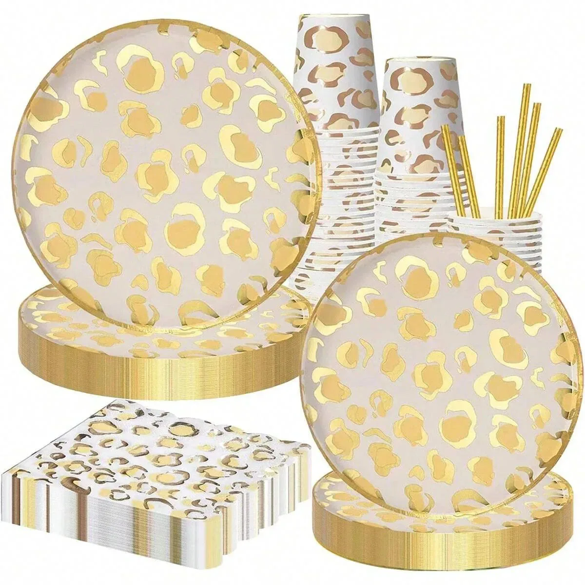 60-teiliges Einweggeschirr-Set mit Bronzing-Leopardenmuster, Pappteller, Pappbecher, Serviette, Geburtstagsfeier, Essensarrangement-Dekoration
