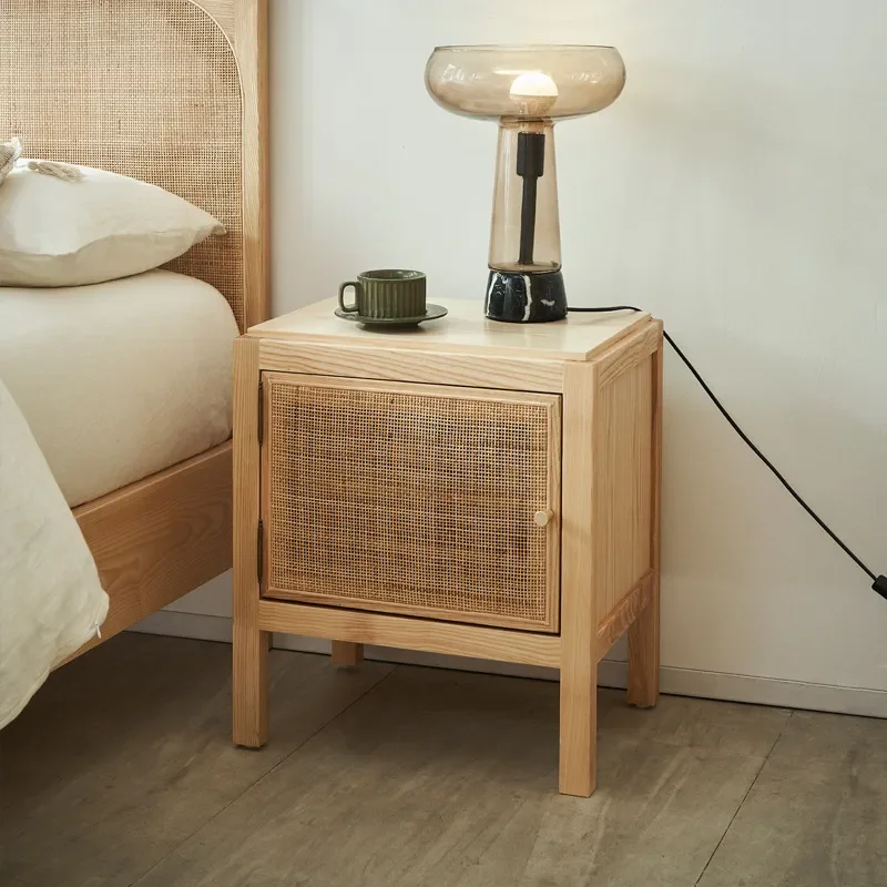 for Nordic Solid Wood Bedside Table Two Layer Rattan Locker Modern Simple Bedroom Furniture Ins Log Color Storage Cabinet