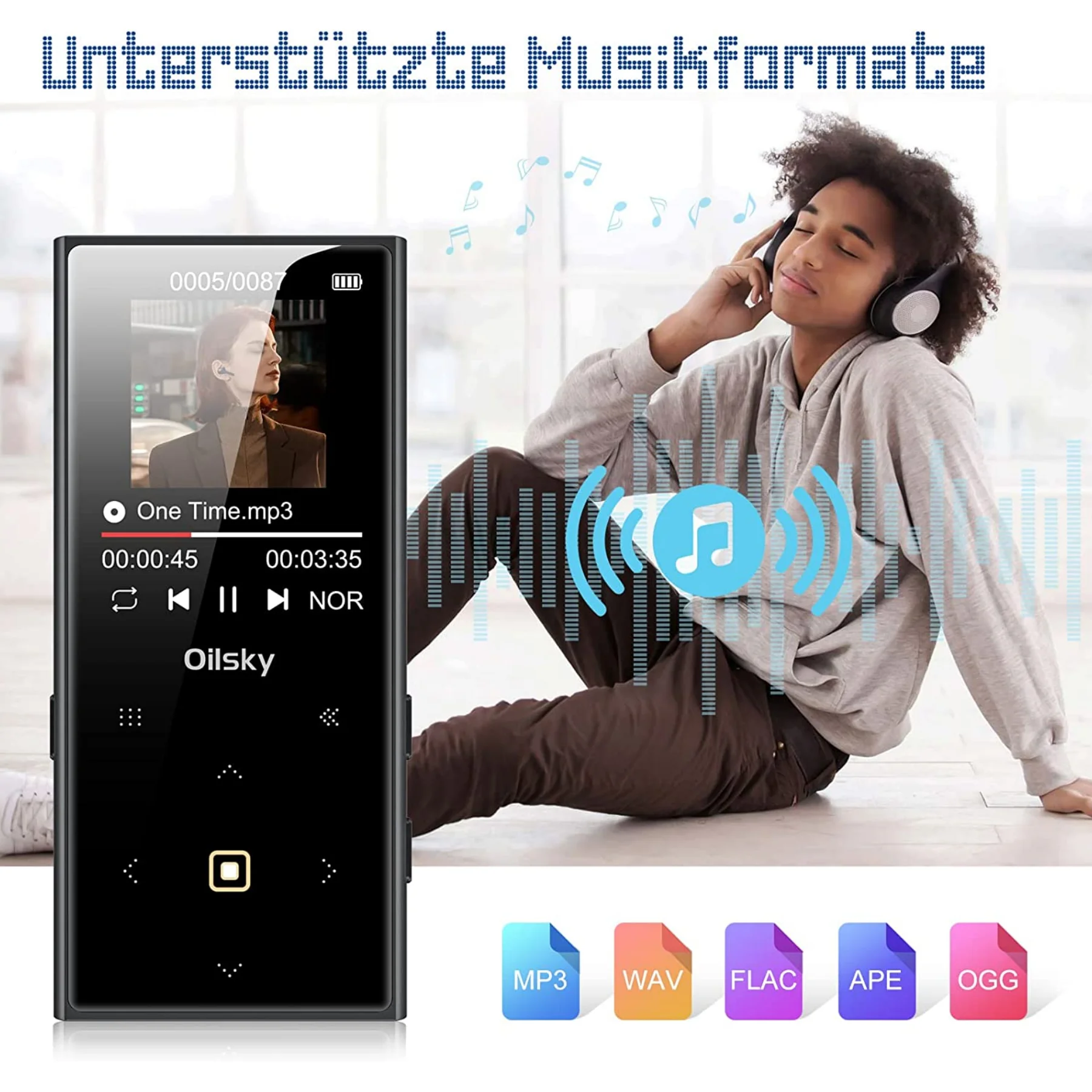 Oilsky 휴대용 디지털 무손실 음악 플레이어, 64GB MP3 플레이어, 블루투스 5.0, 내장 스피커, 터치 단추, 최대 128GB