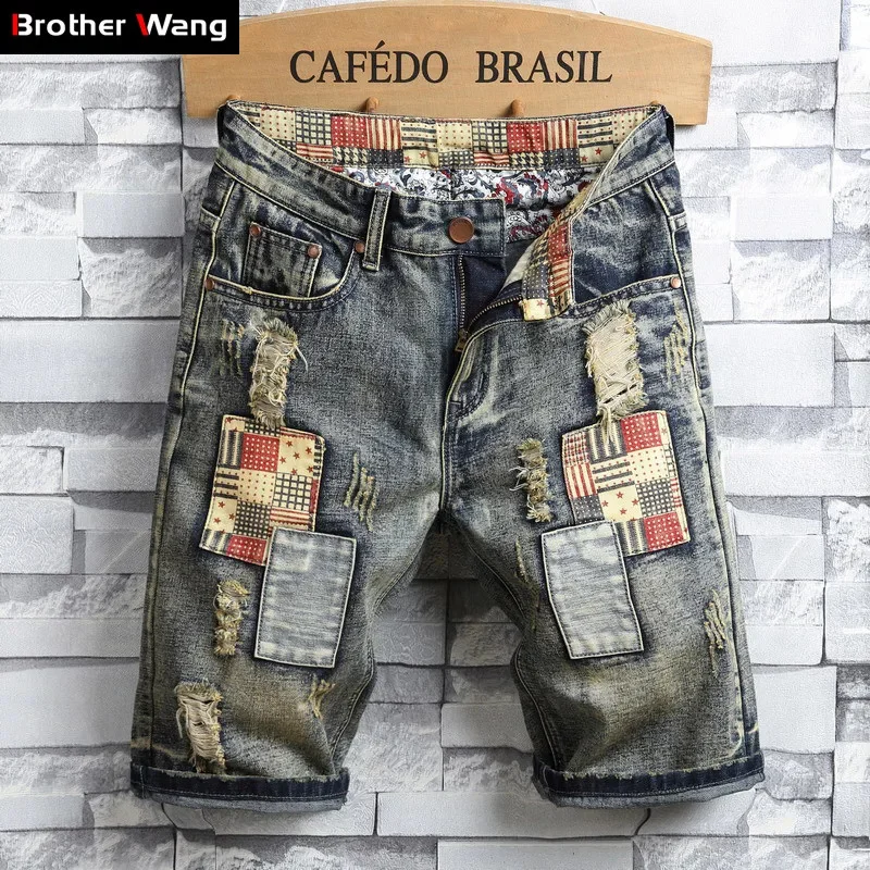 

Men's Brand Retro Style Ripped Denim Shorts 2024 Summer New Fashion Casual Hole Patch Jean Male Clothes