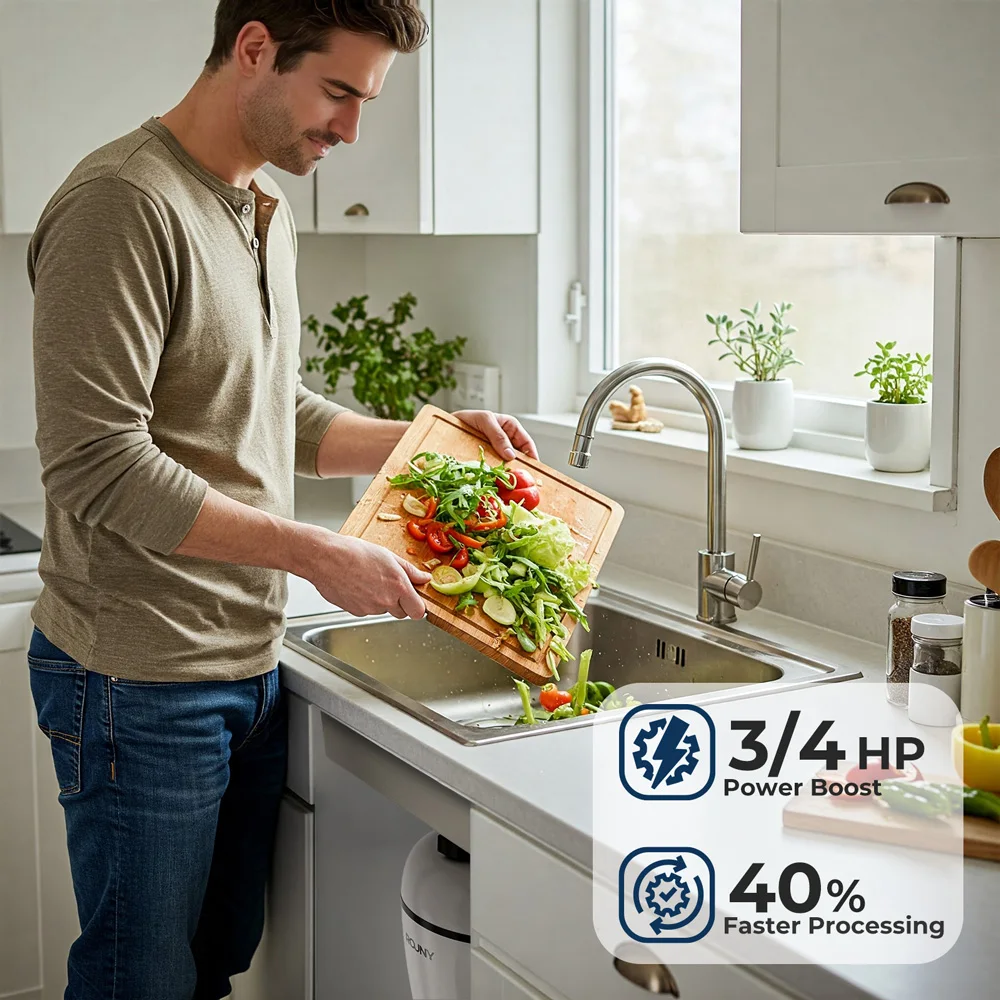 Smaltimento dei rifiuti ad avanzamento continuo con riduzione del suono, tritarifiuti alimentari da 3/4 HP con sistema di macinazione in acciaio inossidabile