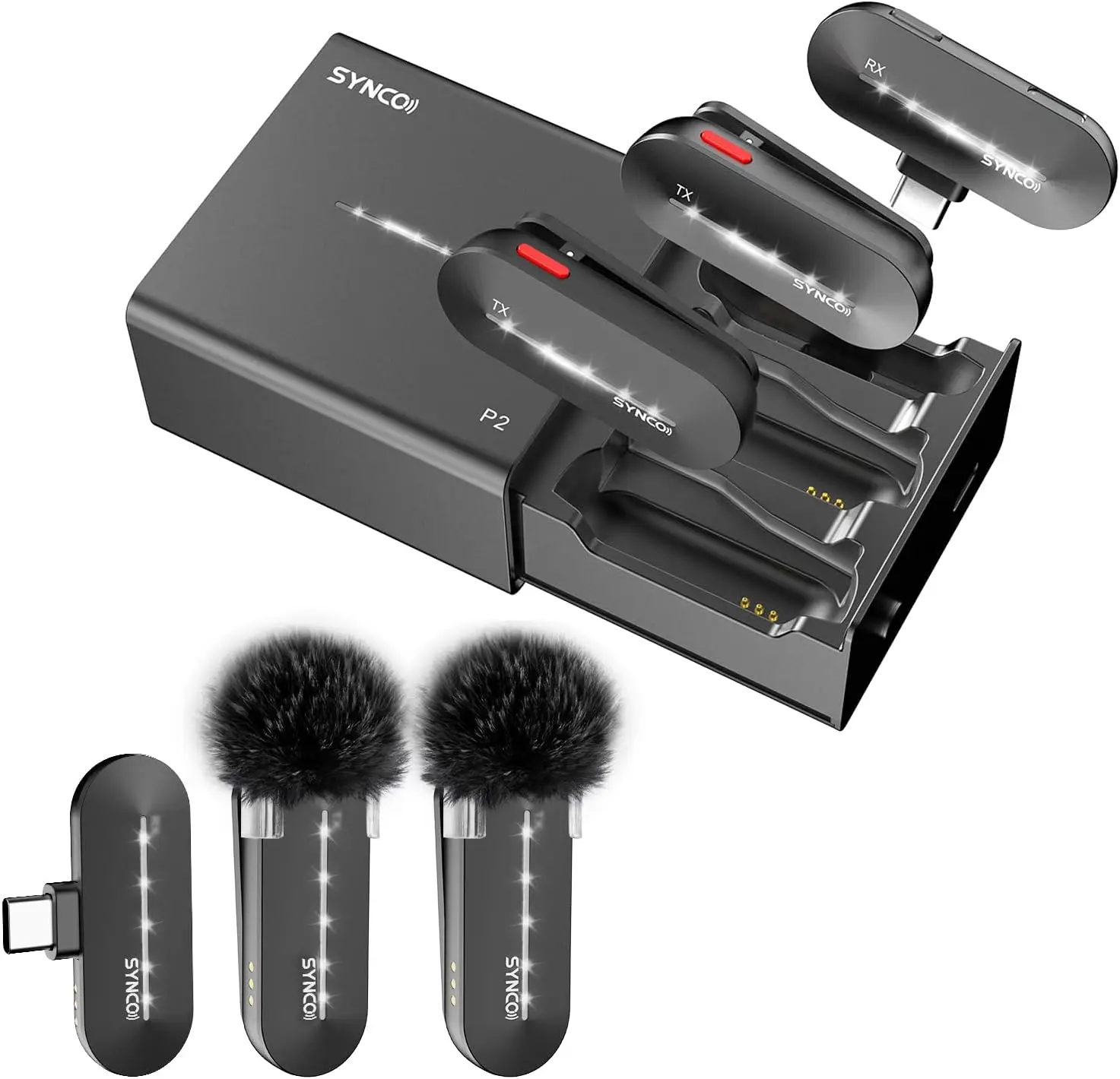 

SYNCO Wireless Lavalier Microphone 48KHz 24Bit P2ST Dual Mic with Charging Case 2TX 1RX for Type C USB C Smartphone YouTube Vlog