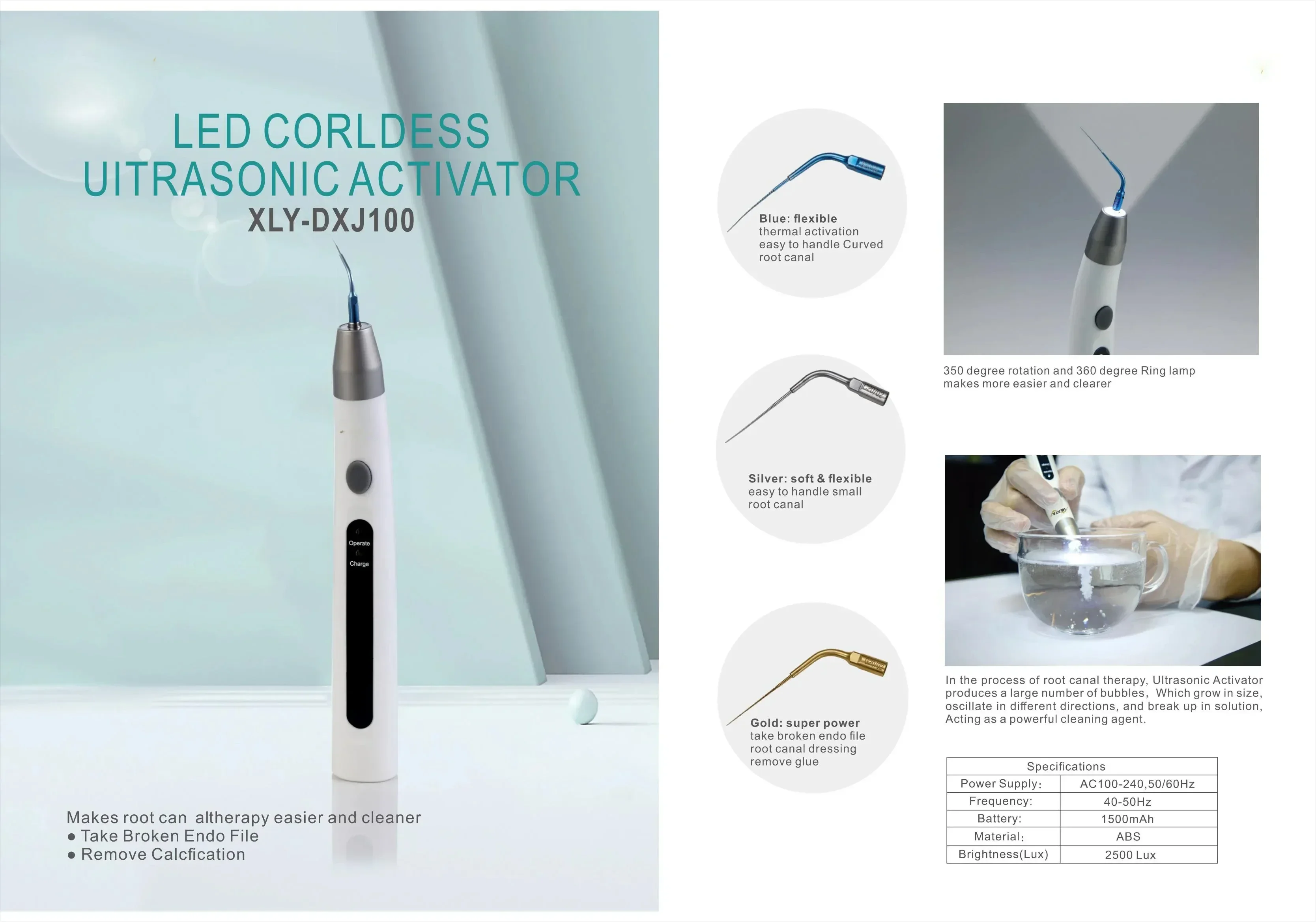 Dental ultrasonic root canal cleaning pen, wireless cleaning device, needle removal, calcification removal, cleaning machine