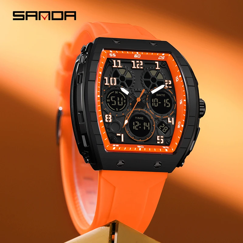 SANDA 6157 Neue elektronische Uhren der Marke, digital, multifunktional, modischer Trend, Herrenuhr, Silikon, wasserdicht, Wecker für Herren