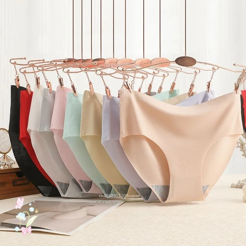 Women's Sexy Panties Ladies Underwear Female Seamless Ice Silk Solid Briefs Mid-Waist Comfortable Breathable String Lingerie