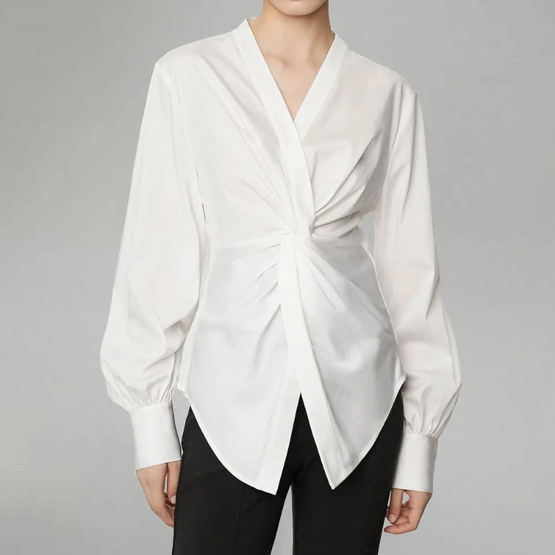 Autumn White Niche Design Pleated V-neck Shirt Women\'s Autumn and Winter Top Waist Cinched Long Sleeved White Shirt