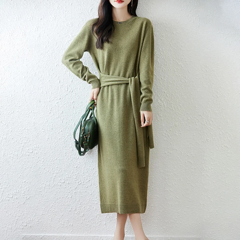 

Yoyoselect 100% мериносовая шерсть женское платье на шнуровке с круглым вырезом прямое свободное платье осень-зима длиной до середины икры мягкое теплое платье