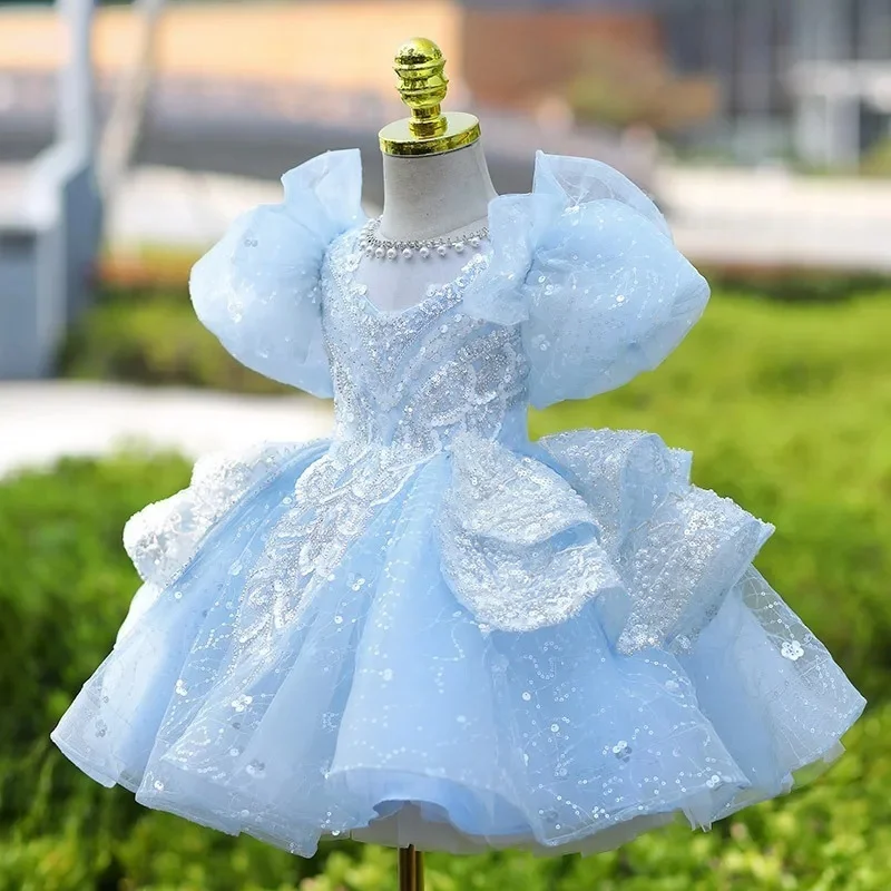 Custom light luxury dress women wedding guest gown girls wedding gown birthday party pageant puff sleeve sequin lace tulle short