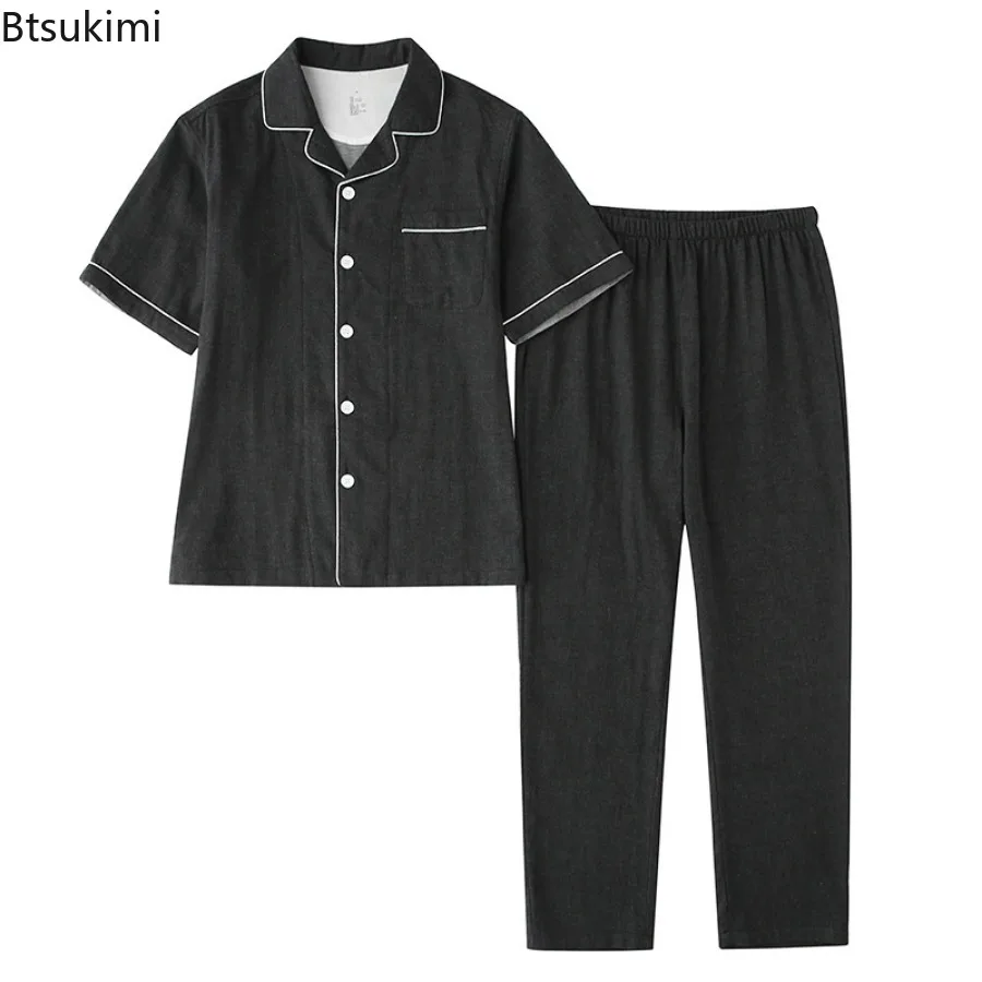 Ensemble de pyjamas d'été fins pour hommes, 100% coton, vêtements d'intérieur, manches courtes, deux pièces, respirant, doux, couple, salon, vêtements de nuit, document solide