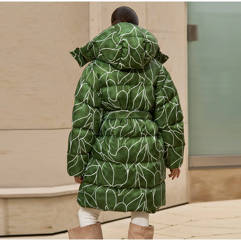 Leopard Print Hooded Puffer Women's Winter Coat Belted Waist Midi Length Padded Jackets for Woman Jacket Warm Streetwear