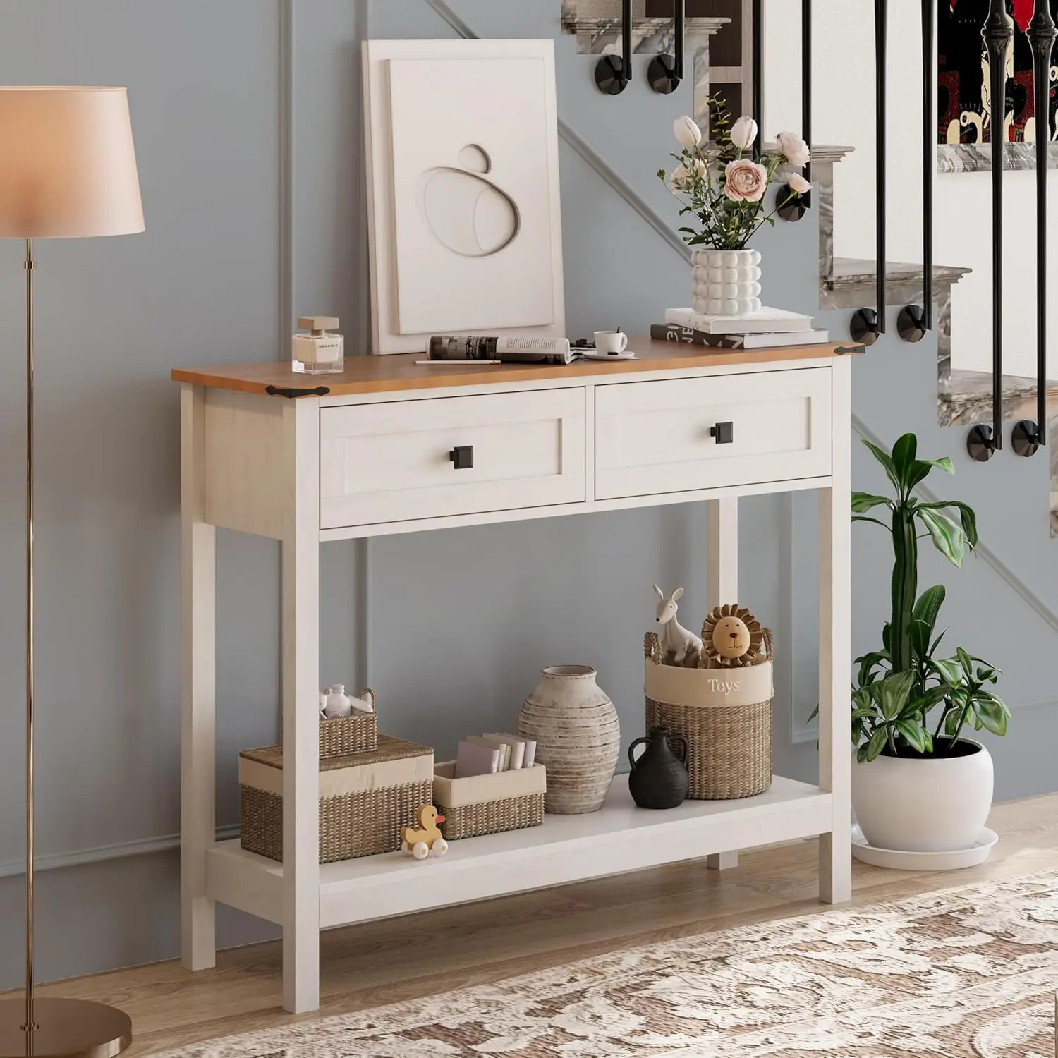 Console Table with 2 Drawer for Entryway Rustic Sofa Table with Open Storage Shelf Hallway Table with Wooden Frame for