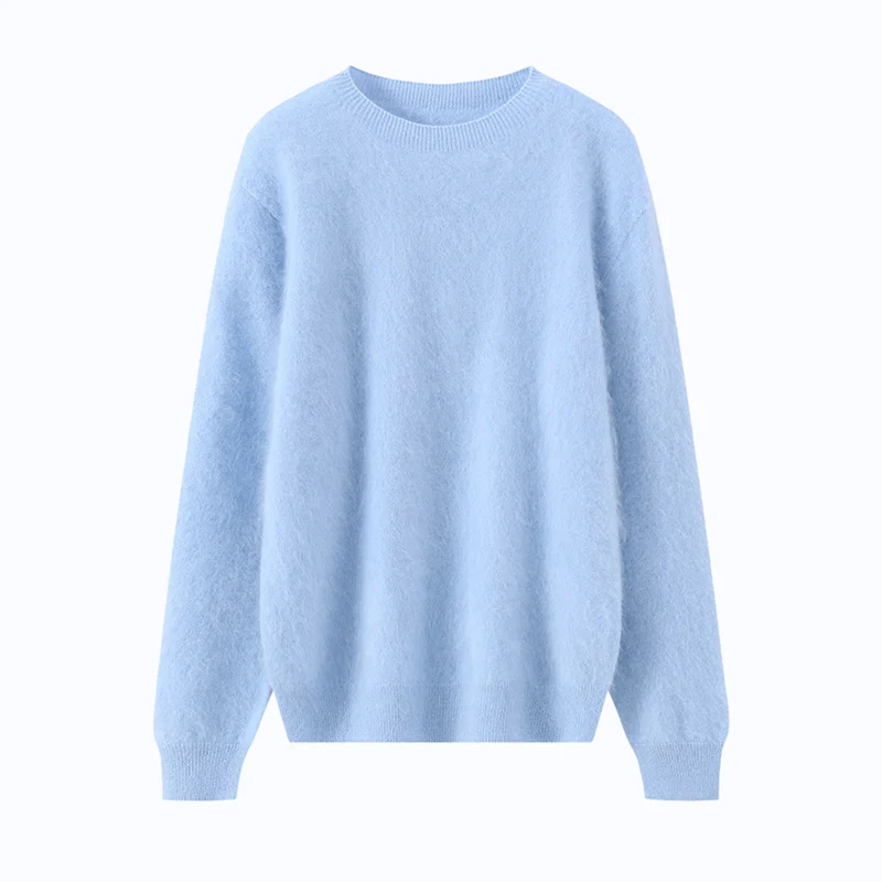 Autumn/Winter Women's 100% Cashmere Sweater Casual Solid Hoodie Tops Loose Round Neck Jumper Pulling Process Thickened Warm