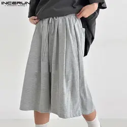 INCERUN 2024 Korean Style Shorts Mens Loose Solid Color Wide Leg Shorts Leisure Streetwear Male Rubber Waist Design Shorts S-5XL