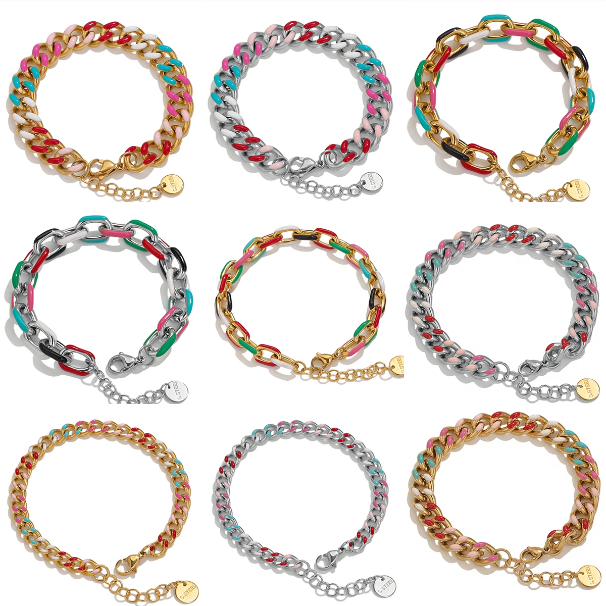 Jolivie Colorful Bohemian Stainless Steel Bracelet Fashion Jewelry Cross Chain Enamel Bracelets Woman Daily Gold Color Jewelry