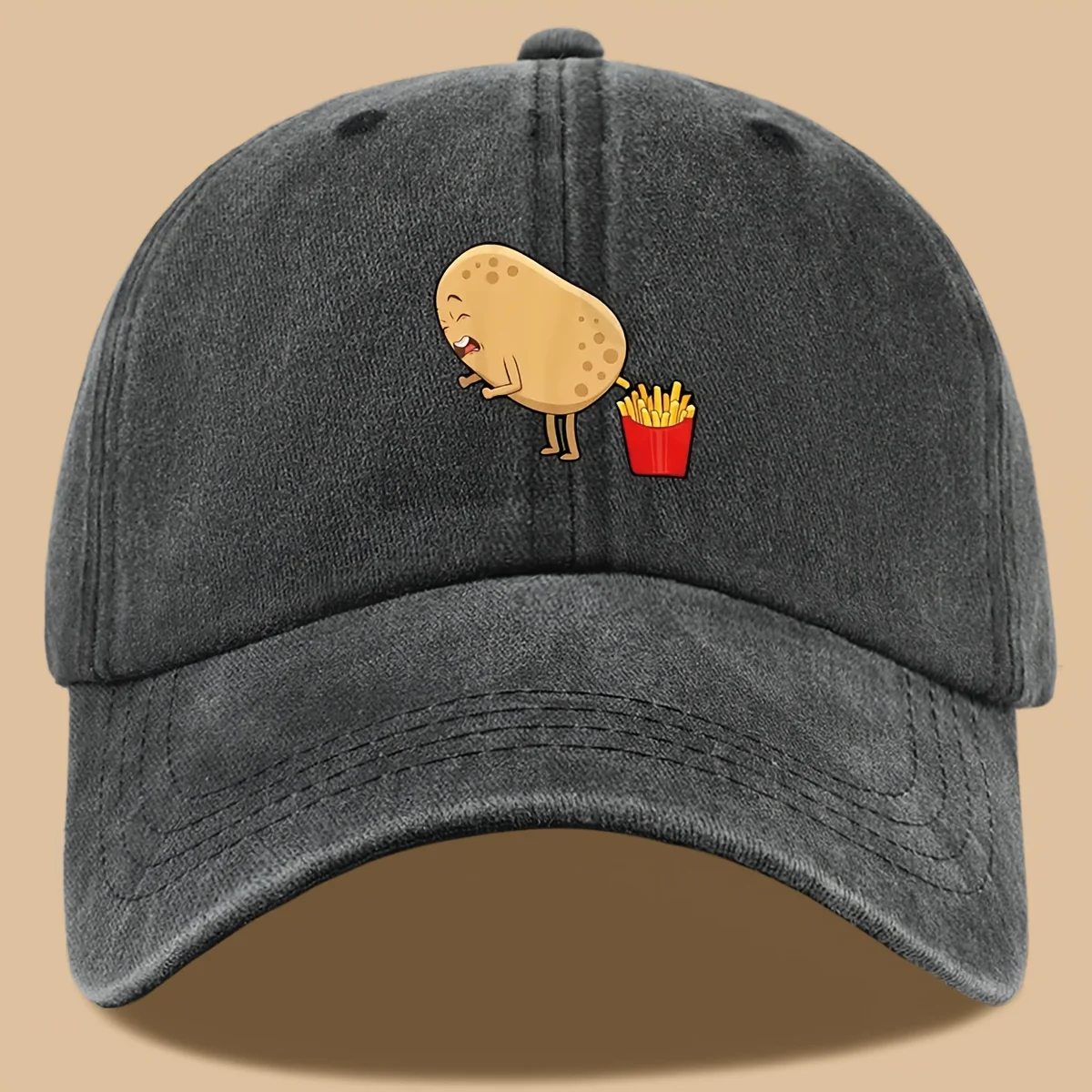2026 new Vintage Washed Black Baseball Cap Funny Potato Fries Print Adjustable Dad Hat Unisex Cotton Casual Streetwear