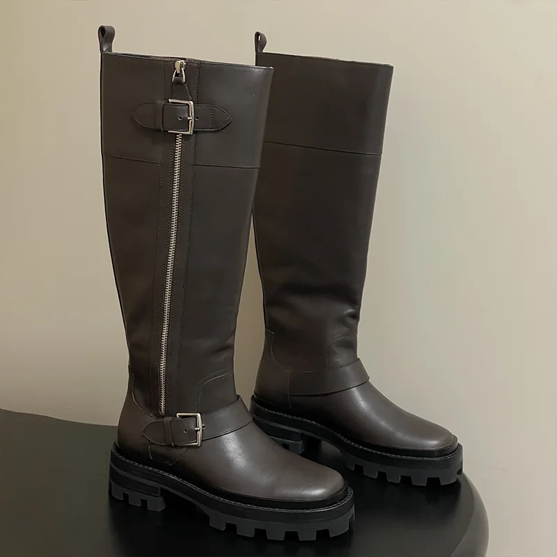 

Top quality new cowhide woman side-zip knee high boots with molded TPU outsole are comfortable and elegant 25110609