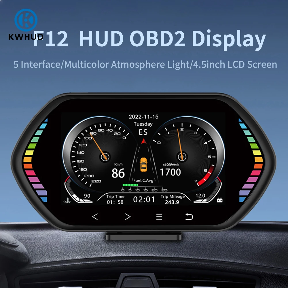 F12 HUD OBD2 Display On-board Computer Car Gauge Digital Speedometer Water/Oil Temerature Slope Meter for Gasoline Car 2008-2024