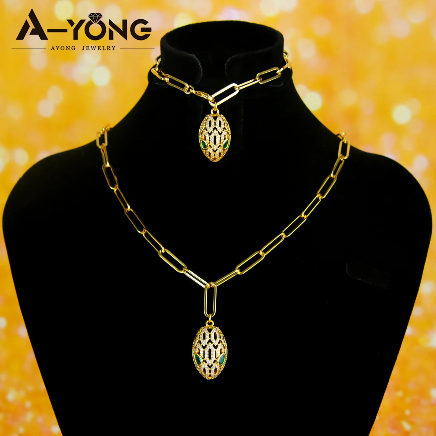 

Italian Fashion Hip Hop Snake Pendant Necklace 21k Gold Plated Brazilian Zirconia Charm Chains Middle Eastern Party Jewelry