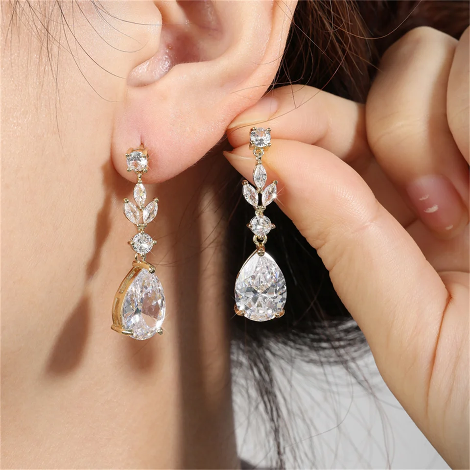 ZAKOL Fashion Water Drop AAA Cubic Zircon Leaf Dangle Earrings for Women White Color Wedding Jewelry Factory Wholesale EP4004