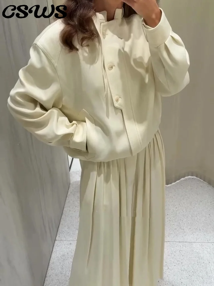 

Повседневная куртка с воротником-стойкой, брюки, женский костюм, однотонное пальто с длинными рукавами и карманами на пуговицах, широкие плиссированные брюки, осенний женский комплект 2023 г.