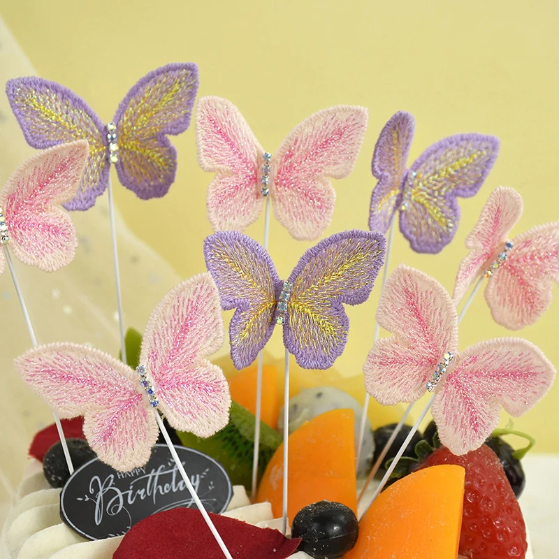 5PCS Embroidered Pink Purple Butterfly Cake Topper Baby Shower Wedding Happy Birthday Party Decor Dessert Cake Baking Decor Card