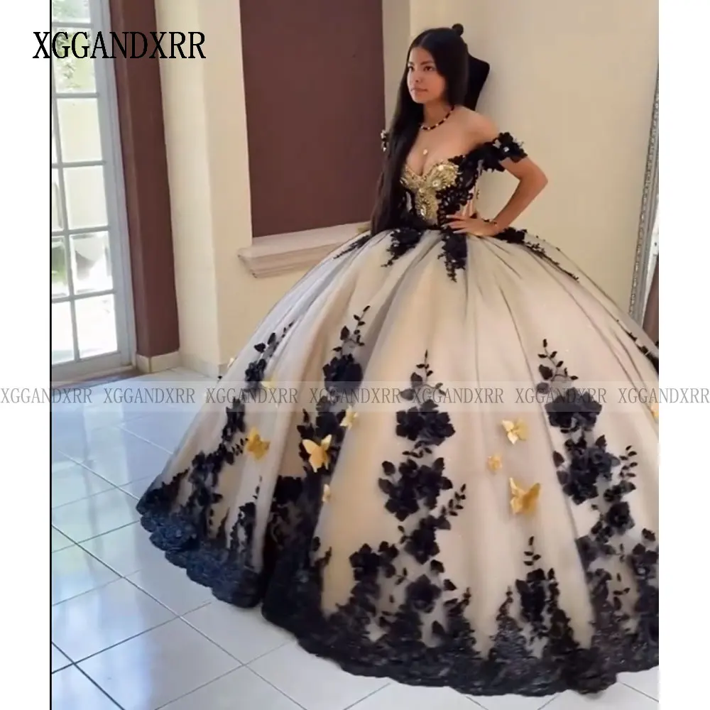 Luxury Black Ball Gown Quinceanera Dress 2024 Off Shoulder Long Train Sweet 15 16 Year Birthday Party Real Vestidos De XV Años