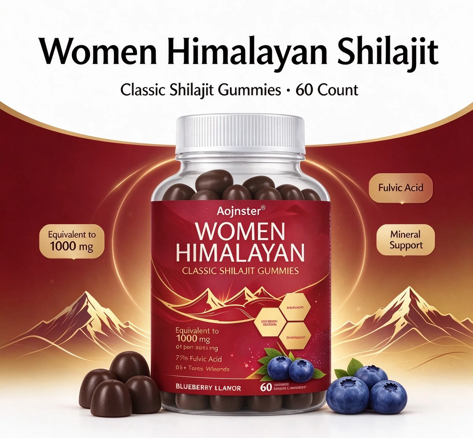 Women Himalayan Shilajit Gummies,Contain Fulvic Acid,B‑Vitamins & Trace Minerals, 60 Count, Daily Nutritional Support for Women