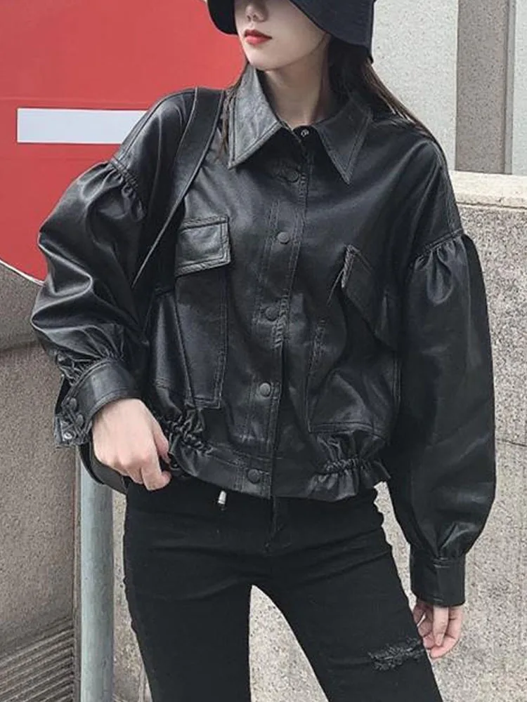 

Short Black Faux Leather Jacket Women Korean Fashion Streetwear Thin Biker Jacket Female 2022 Autumn Casual Outerwear Moto Coats