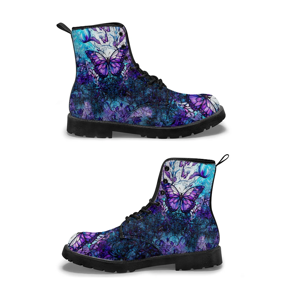 

Черные сапоги до середины икры с фиолетовым художественным принтом бабочки, повседневные и стильные ботинки в уличном стиле для мужчин и женщин.