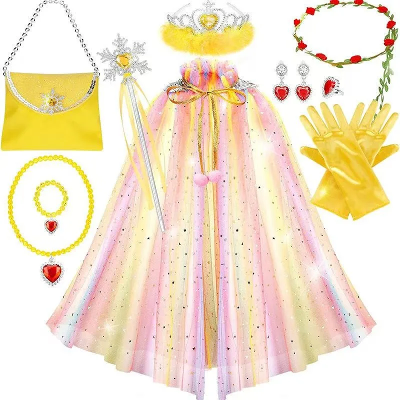 Yellow Color Glitter Tulle Cape 12Pcs Princess Accessory Tiara Necklace Ring Wand Gloves Handbag Birthday Stage Dress Gift Kit