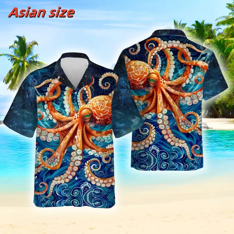 Mysterious Tentacle Pattern Hawaiian Shirt For Men Marine Life 3D Print Blouse Summer Loose Short Sleeve Lapel Tops Aloha Shirts