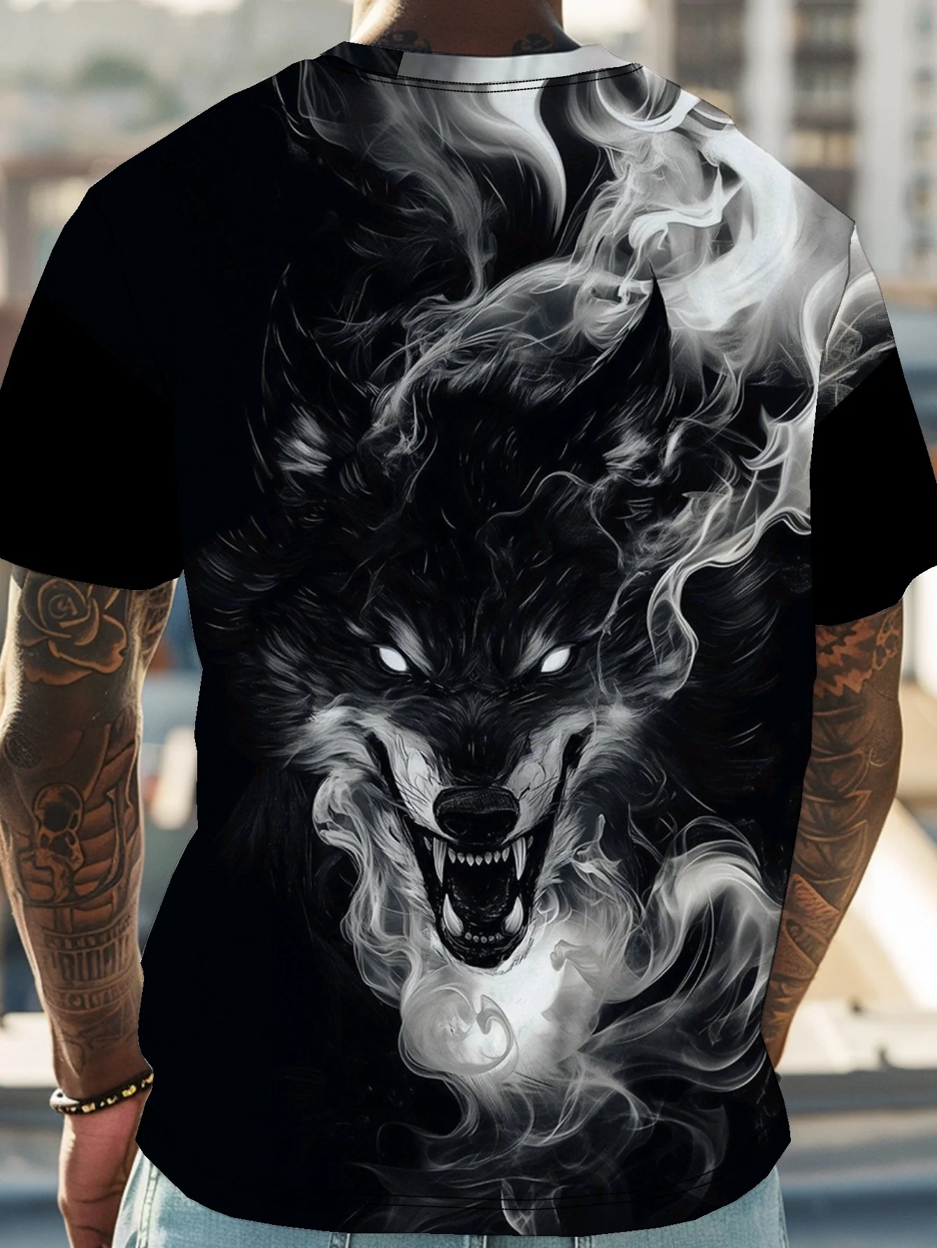 تي شيرت بطبعة جرافيك شرسة باللونين الأبيض والأسود | تي شيرت كاجوال برقبة دائرية للرجال | للملابس الرياضية في الشوارع الخارجية #2
