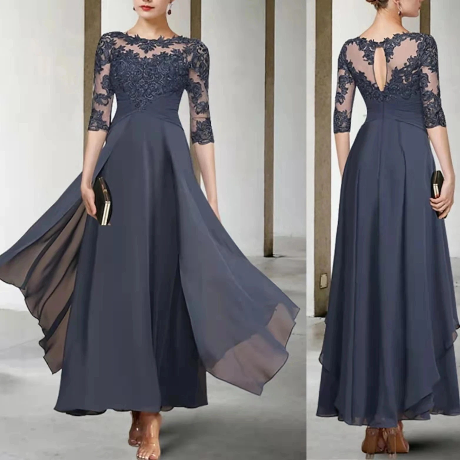 Vestidos Elegantes de gasa para madre de novia, Media manga corta, Apliques de encaje, longitud Ankel, vestidos de mamá para novio, fiesta de boda, invitados