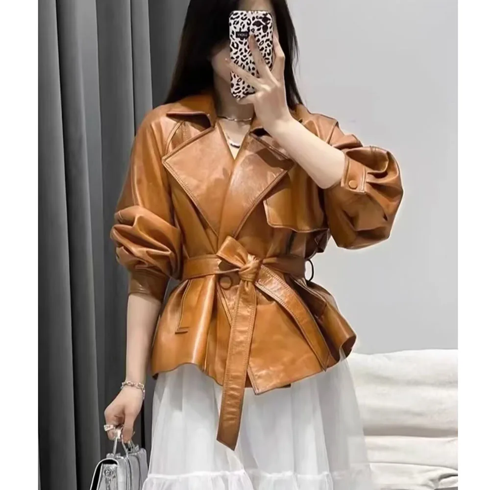 Spring Autumn Women Leather Jacket New Korean Loose British Style Trench Coat With Belt Large Size 4XL Female PU Leather Outwear