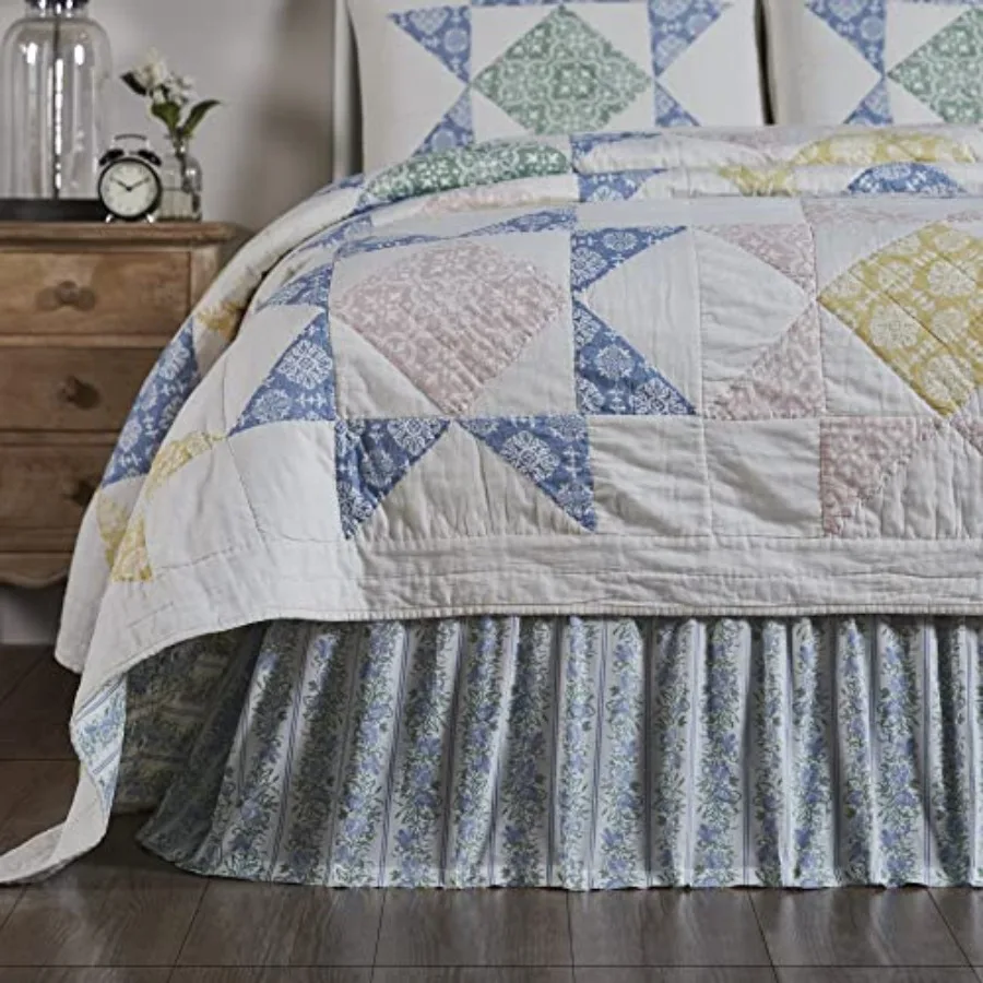 

Jolie Farmhouse Bed Skirt Dust Ruffle Floral King Blue and Green 78x80x16