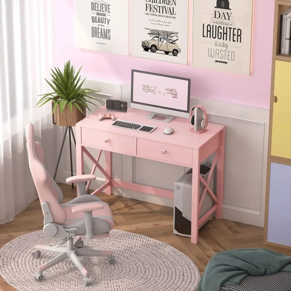 Home Office Desk with Drawers, Writing Computer Desk for Bedroom, Small Pink Makeup Vanity Table, Study Table for Home Office