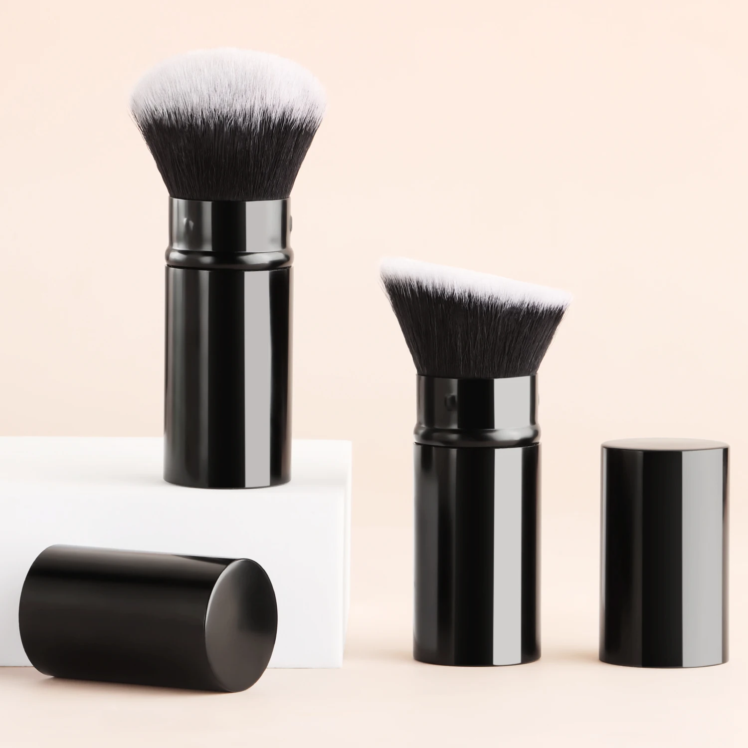 2Pcs Retractable Makeup Brushes, Round Powder & Angled Contour Brush With Cap, Portable For Travel Daily Blush Makeup