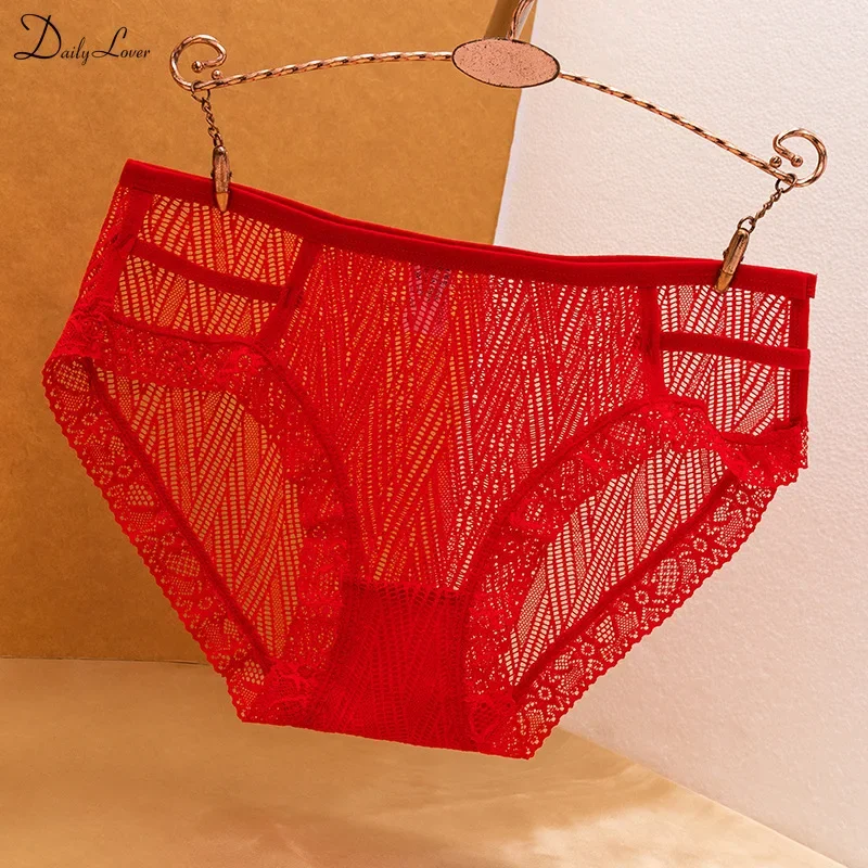 1PC Sexy Red Panties Lingerie Briefs Natal Year Red Lace Women White Underwear Hollow Out Lady Low Waist Underwear Underpants