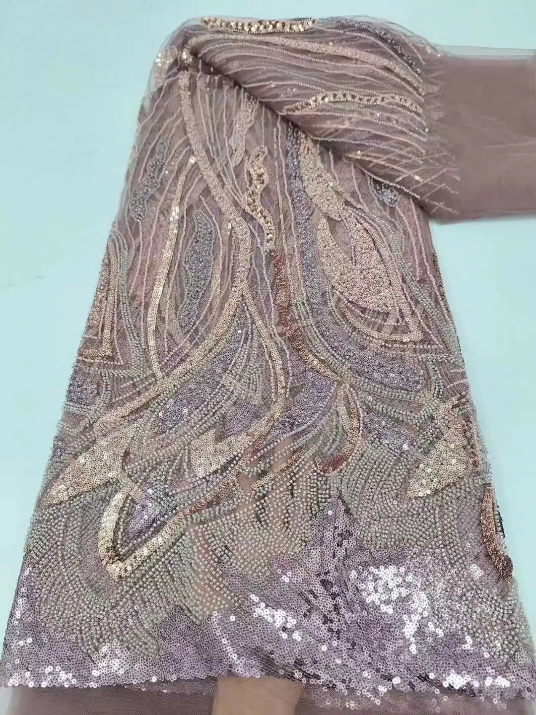 

Luxury African Heavy Beads Lace Nigerian Tulle Fabric 2025 High Quality French Beaded Sequins Embroidery Fabric For Wedding Sew