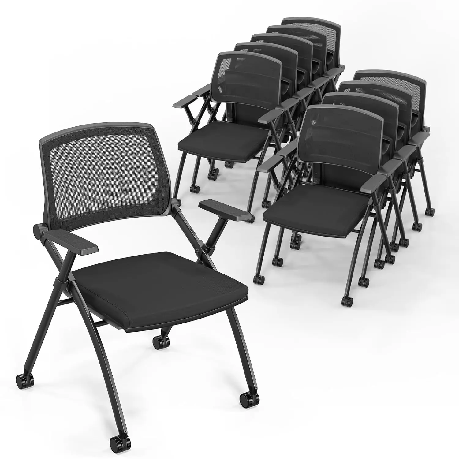 

10 Pack Stackable Conference Chairs Wheels Folding Rebound Back Padded Seat Training Guest Reception 350lbs Black Customized