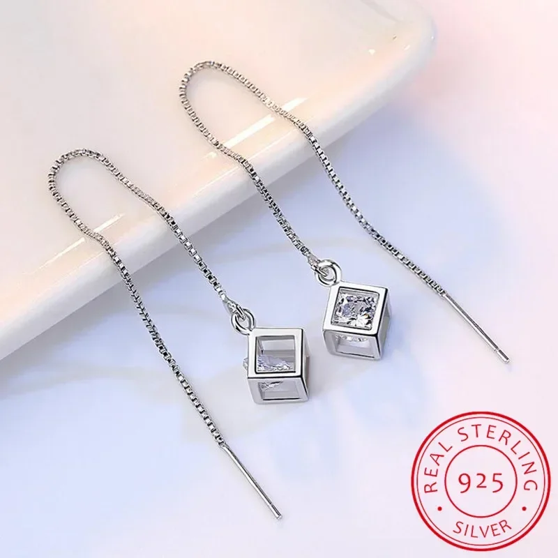 925 Sterling Silver Elegant Cube Love Window Crystal Sugar Drop Earrings Box Chain Long Tassel Earrings for Women