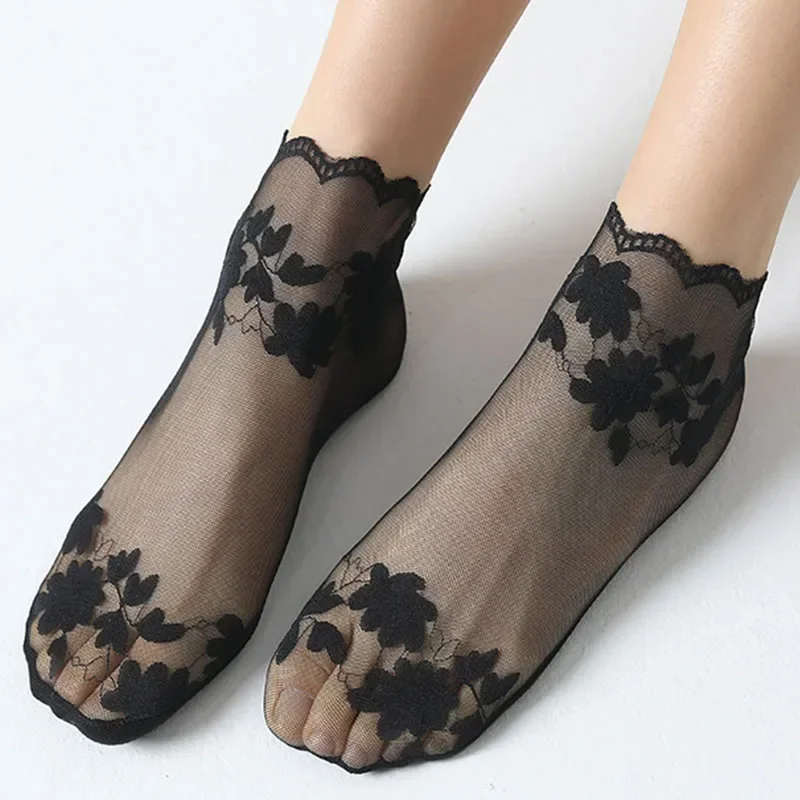 5Pairs Women Socks Summer Breathable Elastic Ladies Thin Leaves Boat Sock Thin Transparent Lace Invisible Sox Lolita Sokken