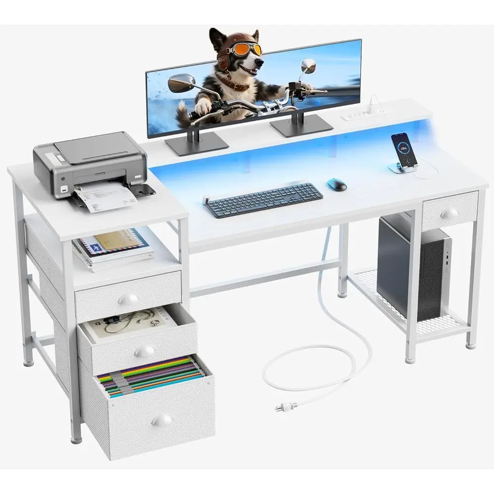 

60 White Office Computer Desk with 4 Drawers, LED-lit Gaming Desk, Power Outlets, Fabric File Cabinet, Study and Writing Desk fo