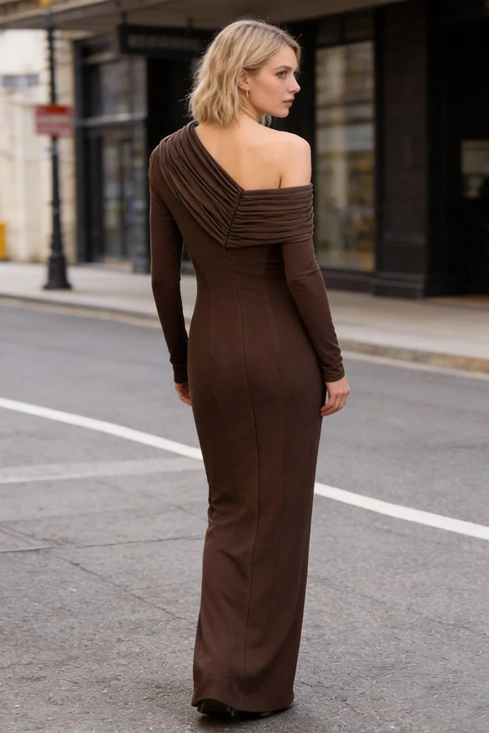 

VC Off-Shoulder Brown Long Dresses Ruched Front Slit Evening Gown Elegant Long Sleeve Bodycon Dress Women's Casual Dress Vestido
